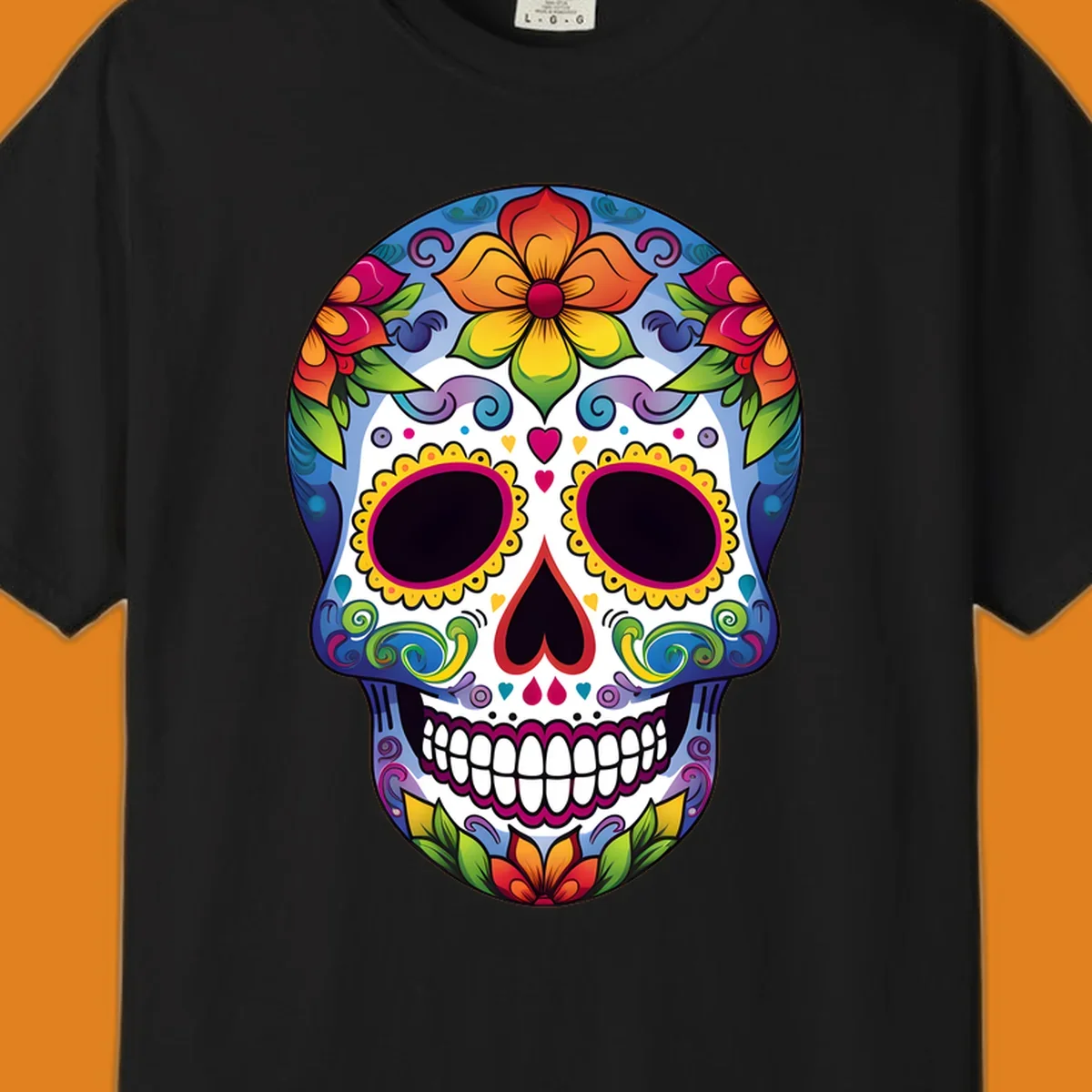 A vibrant calavera skull illustration adorned with colorful flowers, leaves, hearts, and intricate patterns.