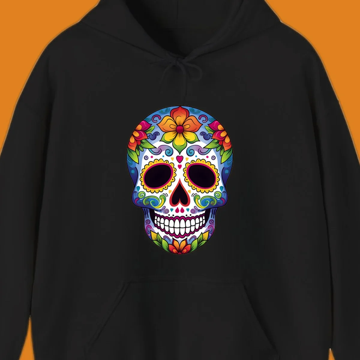 A vibrant calavera skull illustration adorned with colorful flowers, leaves, hearts, and intricate patterns.