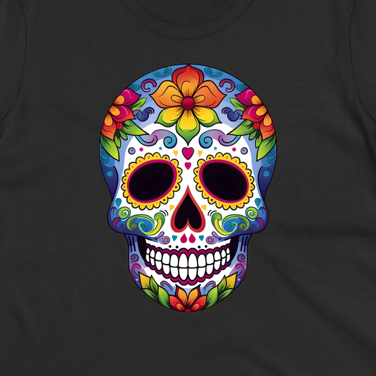A vibrant calavera skull illustration adorned with colorful flowers, leaves, hearts, and intricate patterns.