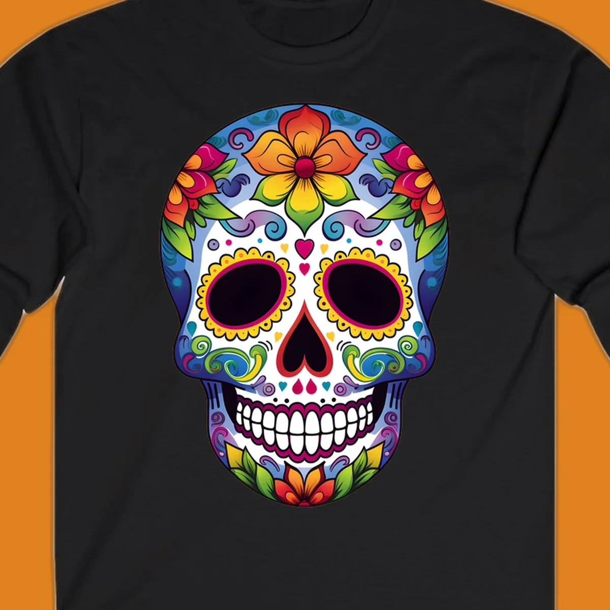 A vibrant calavera skull illustration adorned with colorful flowers, leaves, hearts, and intricate patterns.