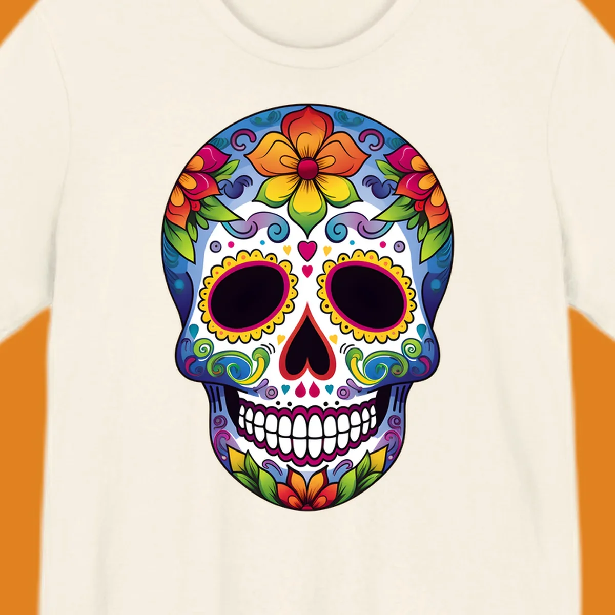 A vibrant calavera skull illustration adorned with colorful flowers, leaves, hearts, and intricate patterns.