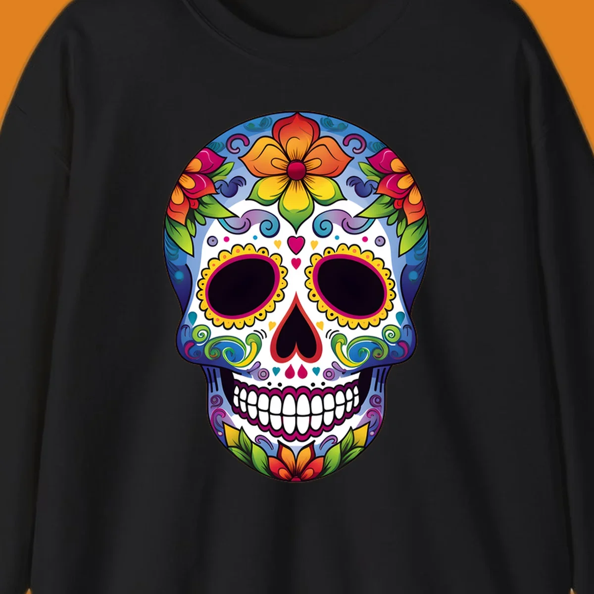A vibrant calavera skull illustration adorned with colorful flowers, leaves, hearts, and intricate patterns.
