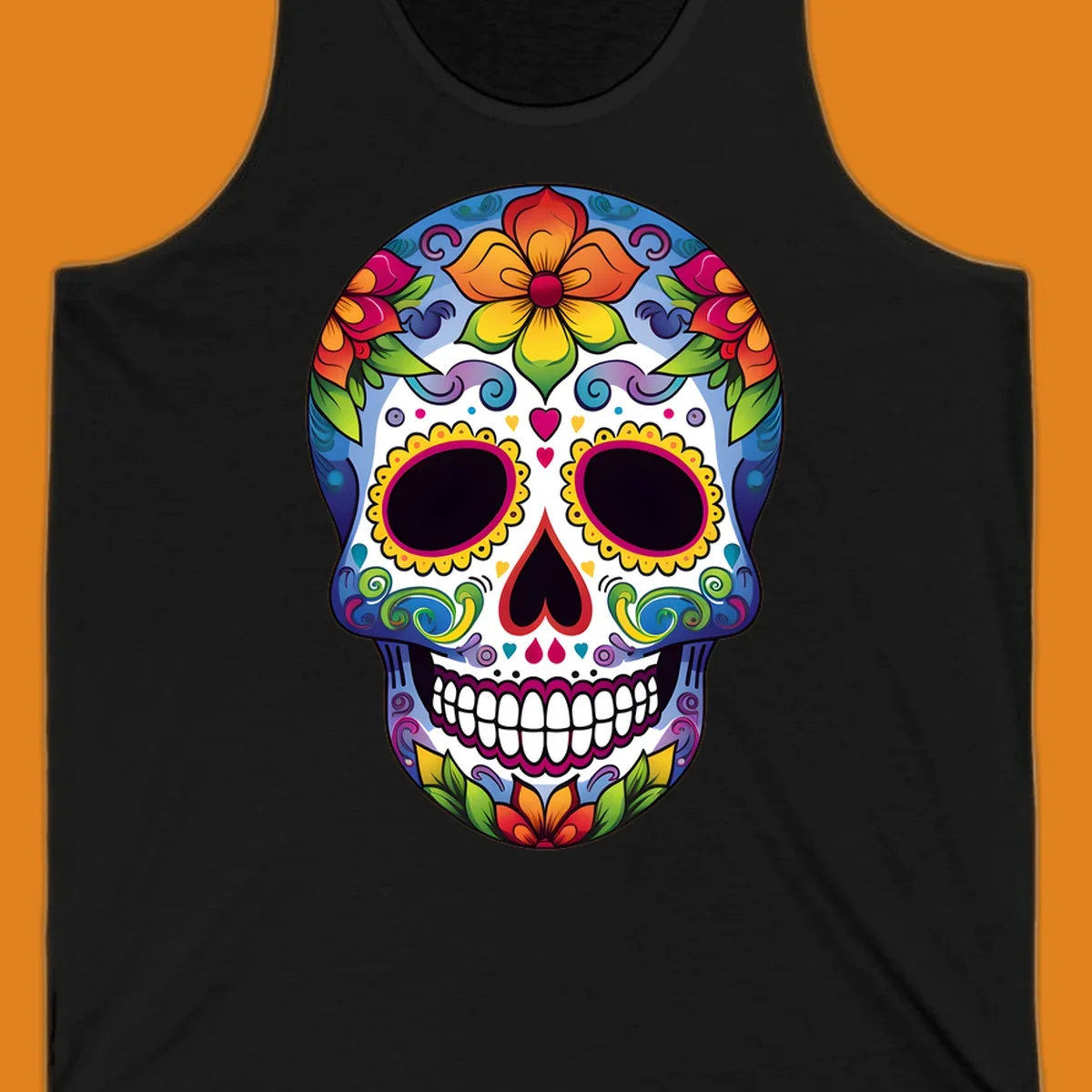 A vibrant calavera skull illustration adorned with colorful flowers, leaves, hearts, and intricate patterns.