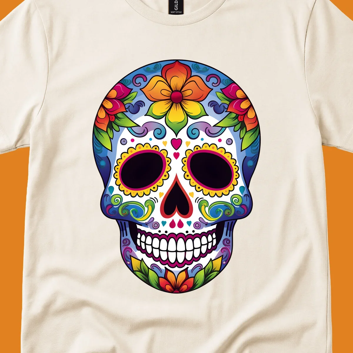 A vibrant calavera skull illustration adorned with colorful flowers, leaves, hearts, and intricate patterns.