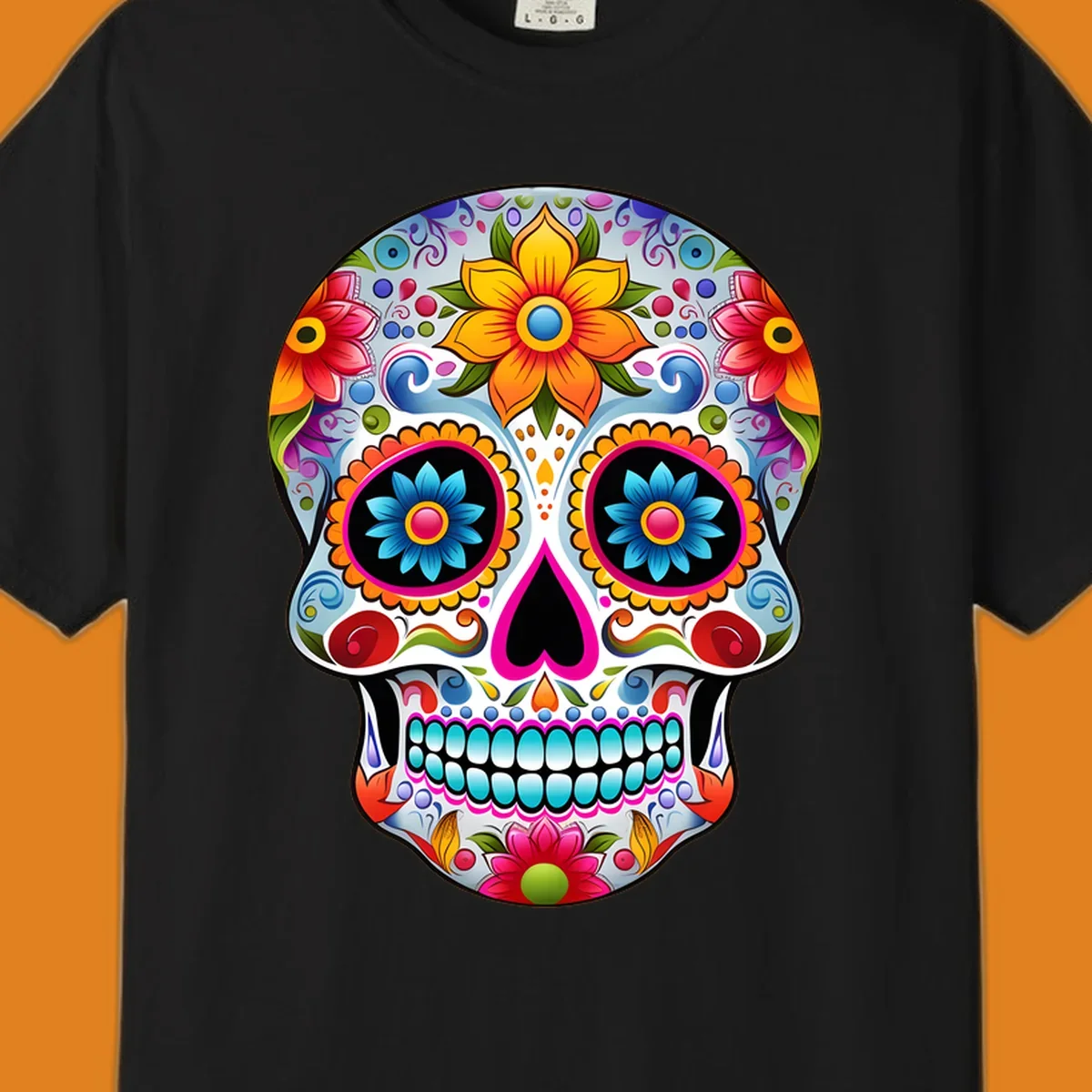 A vibrant floral sugar skull illustration, featuring large colorful flowers, intricate swirls, and a heart-shaped nose.
