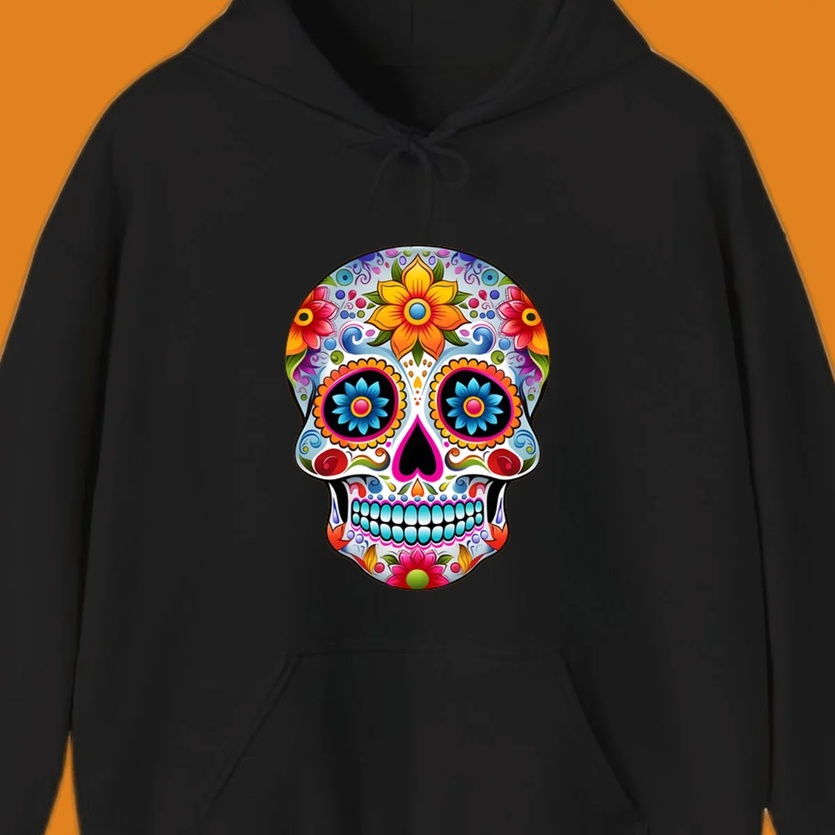 A vibrant floral sugar skull illustration, featuring large colorful flowers, intricate swirls, and a heart-shaped nose.