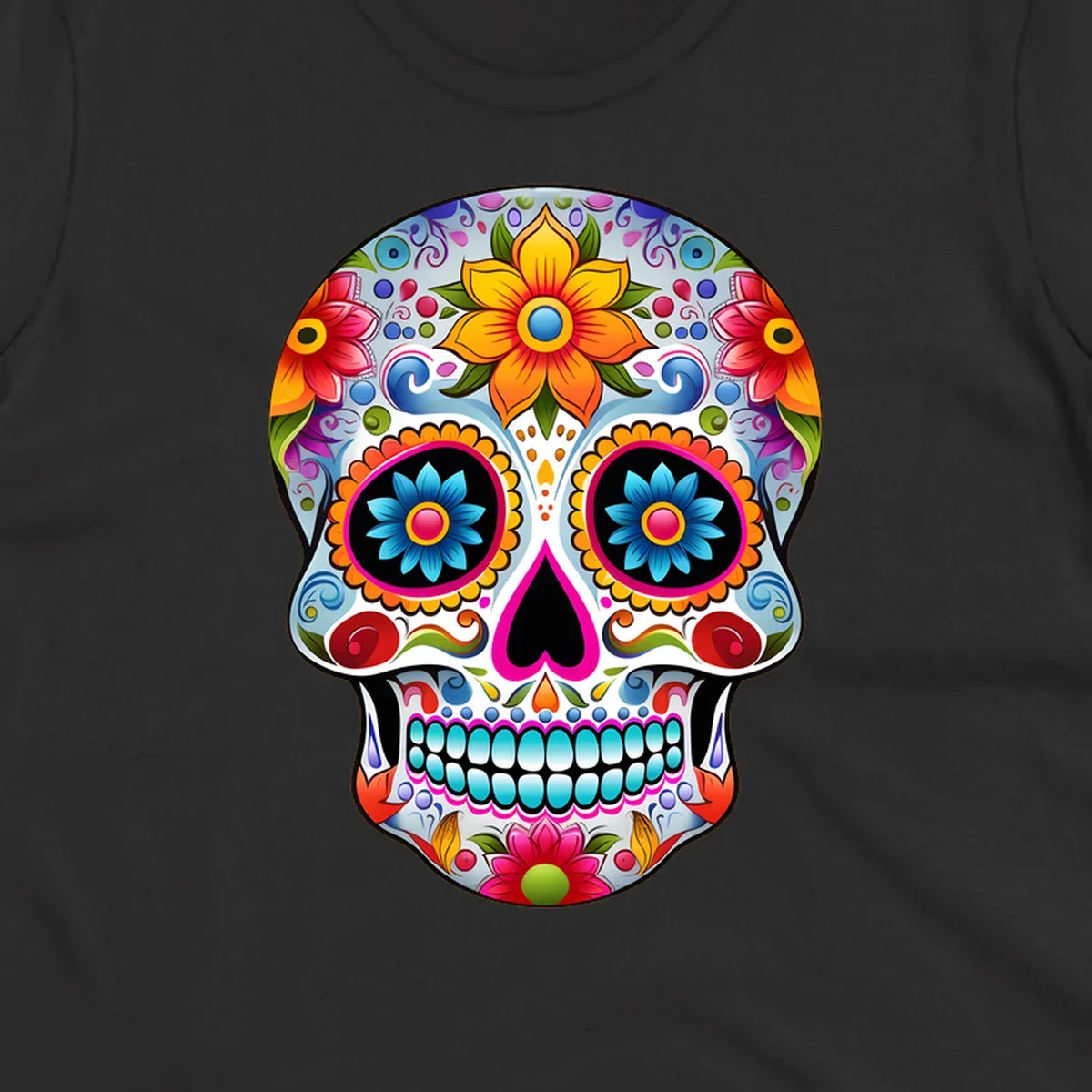 A vibrant floral sugar skull illustration, featuring large colorful flowers, intricate swirls, and a heart-shaped nose.