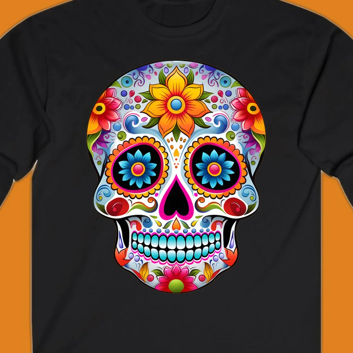 A vibrant floral sugar skull illustration, featuring large colorful flowers, intricate swirls, and a heart-shaped nose.