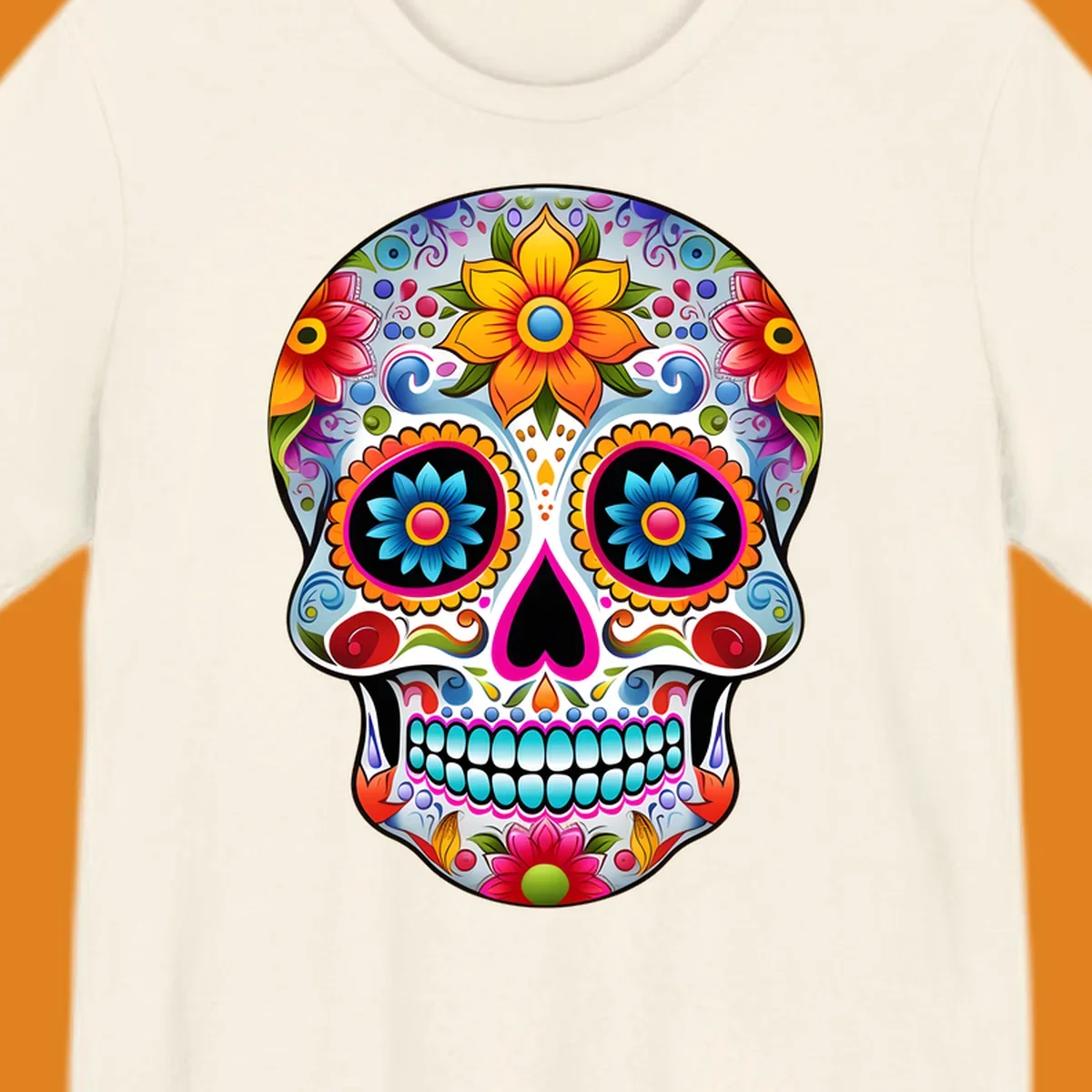 A vibrant floral sugar skull illustration, featuring large colorful flowers, intricate swirls, and a heart-shaped nose.
