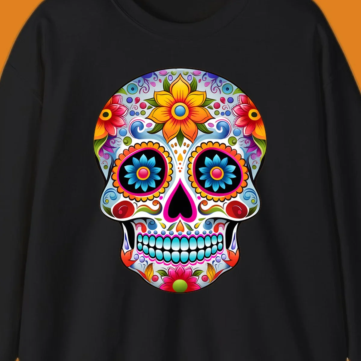 A vibrant floral sugar skull illustration, featuring large colorful flowers, intricate swirls, and a heart-shaped nose.