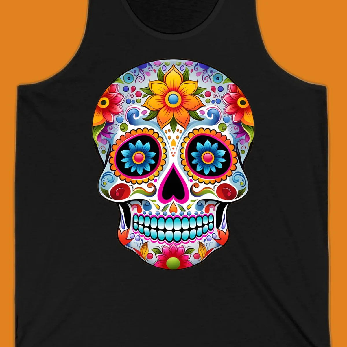 A vibrant floral sugar skull illustration, featuring large colorful flowers, intricate swirls, and a heart-shaped nose.