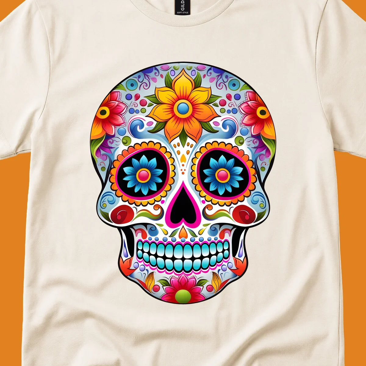 A vibrant floral sugar skull illustration, featuring large colorful flowers, intricate swirls, and a heart-shaped nose.