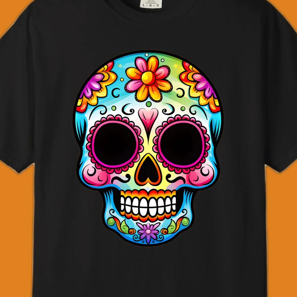 A vibrant floral sugar skull illustration featuring bright pink, blue, yellow, orange, green, and purple flowers and swirls.