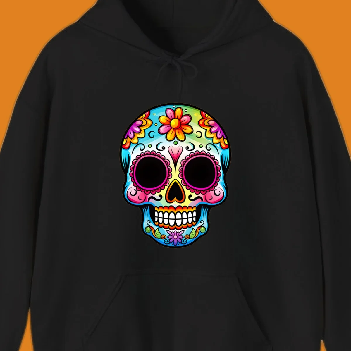 A vibrant floral sugar skull illustration featuring bright pink, blue, yellow, orange, green, and purple flowers and swirls.