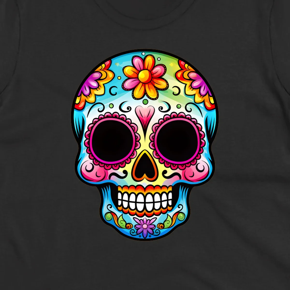 A vibrant floral sugar skull illustration featuring bright pink, blue, yellow, orange, green, and purple flowers and swirls.