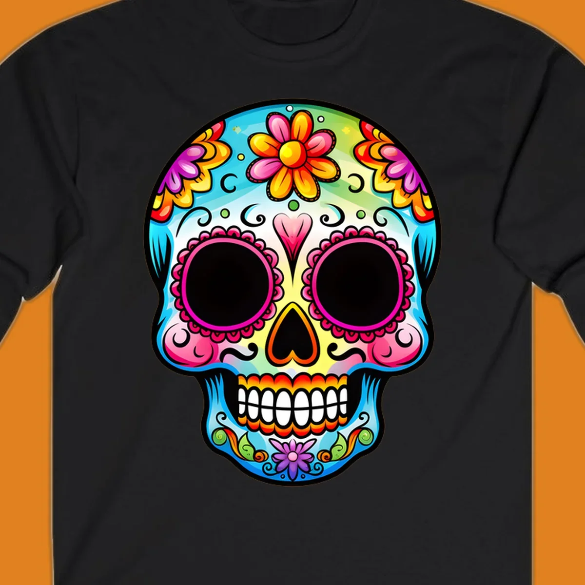 A vibrant floral sugar skull illustration featuring bright pink, blue, yellow, orange, green, and purple flowers and swirls.