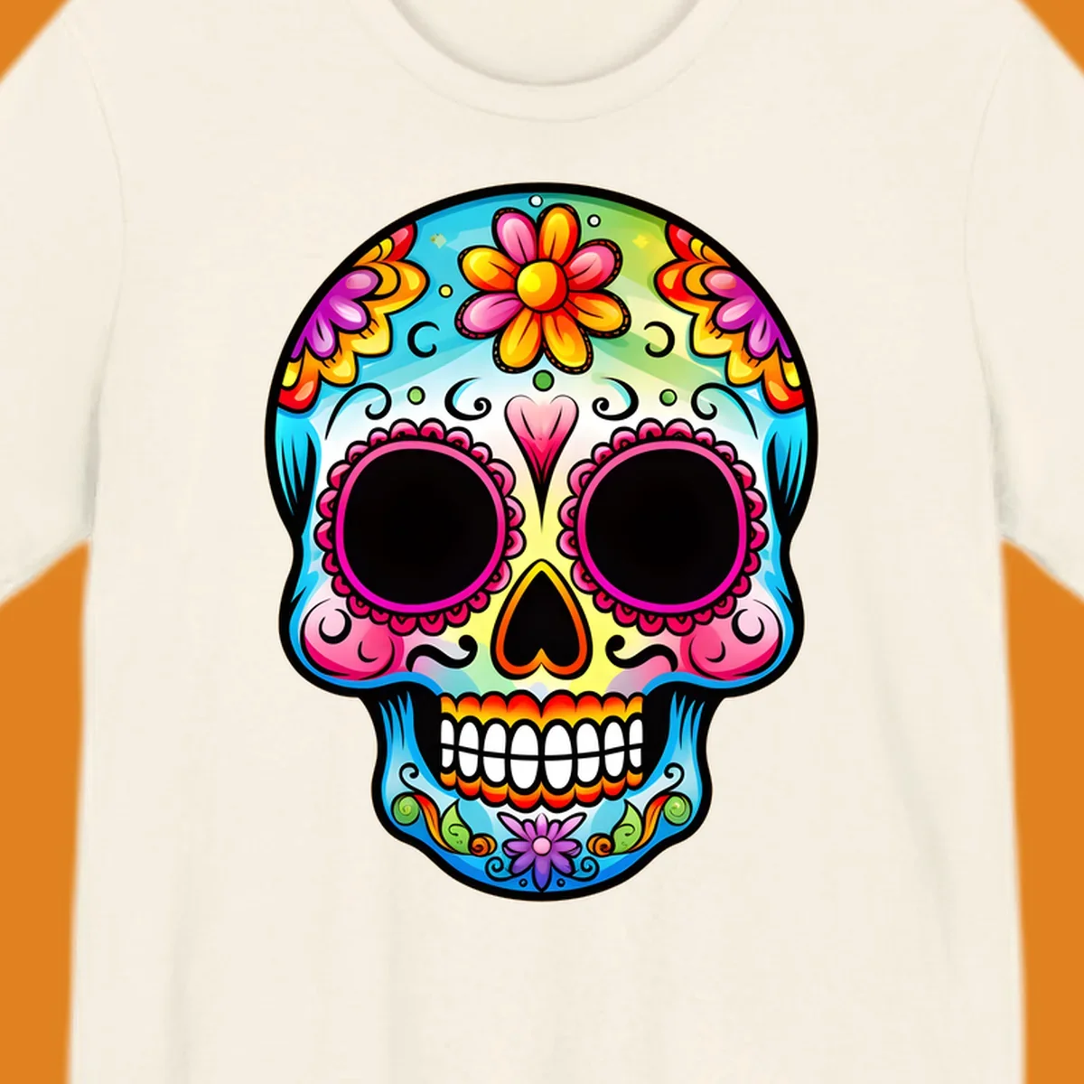 A vibrant floral sugar skull illustration featuring bright pink, blue, yellow, orange, green, and purple flowers and swirls.