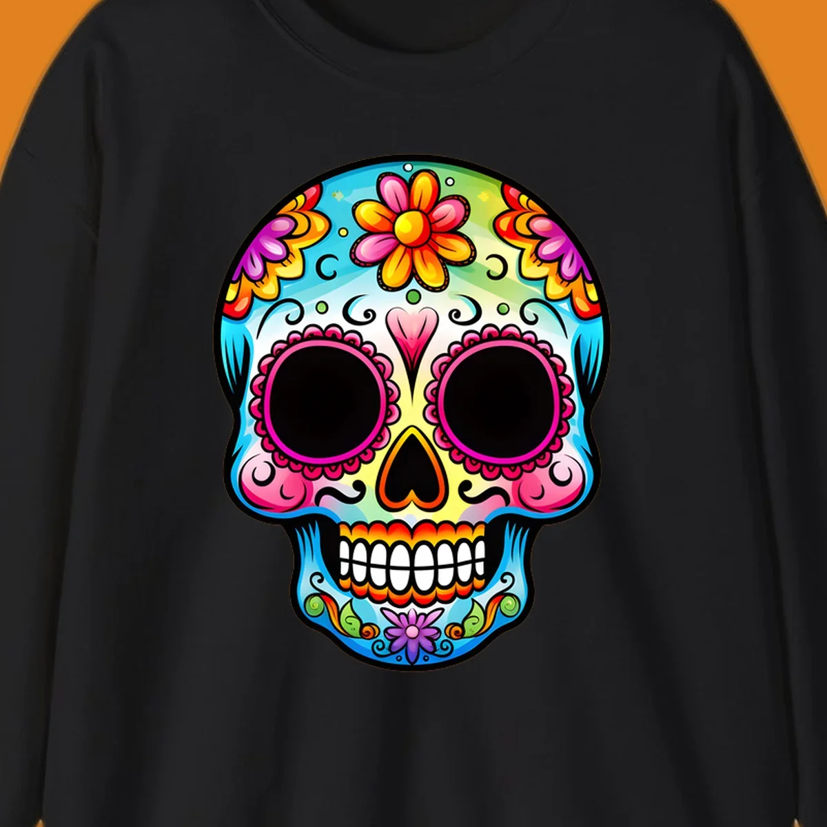 A vibrant floral sugar skull illustration featuring bright pink, blue, yellow, orange, green, and purple flowers and swirls.