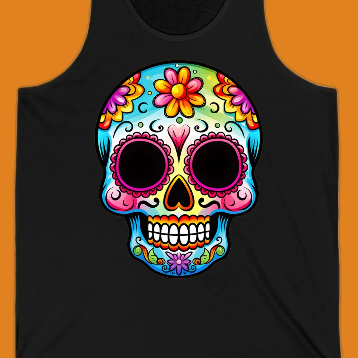 A vibrant floral sugar skull illustration featuring bright pink, blue, yellow, orange, green, and purple flowers and swirls.