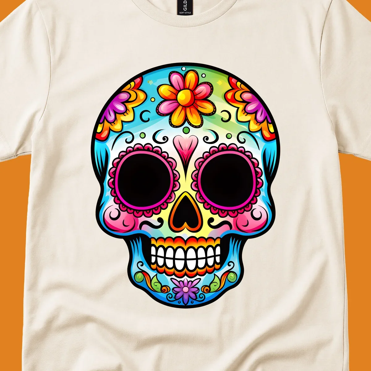 A vibrant floral sugar skull illustration featuring bright pink, blue, yellow, orange, green, and purple flowers and swirls.