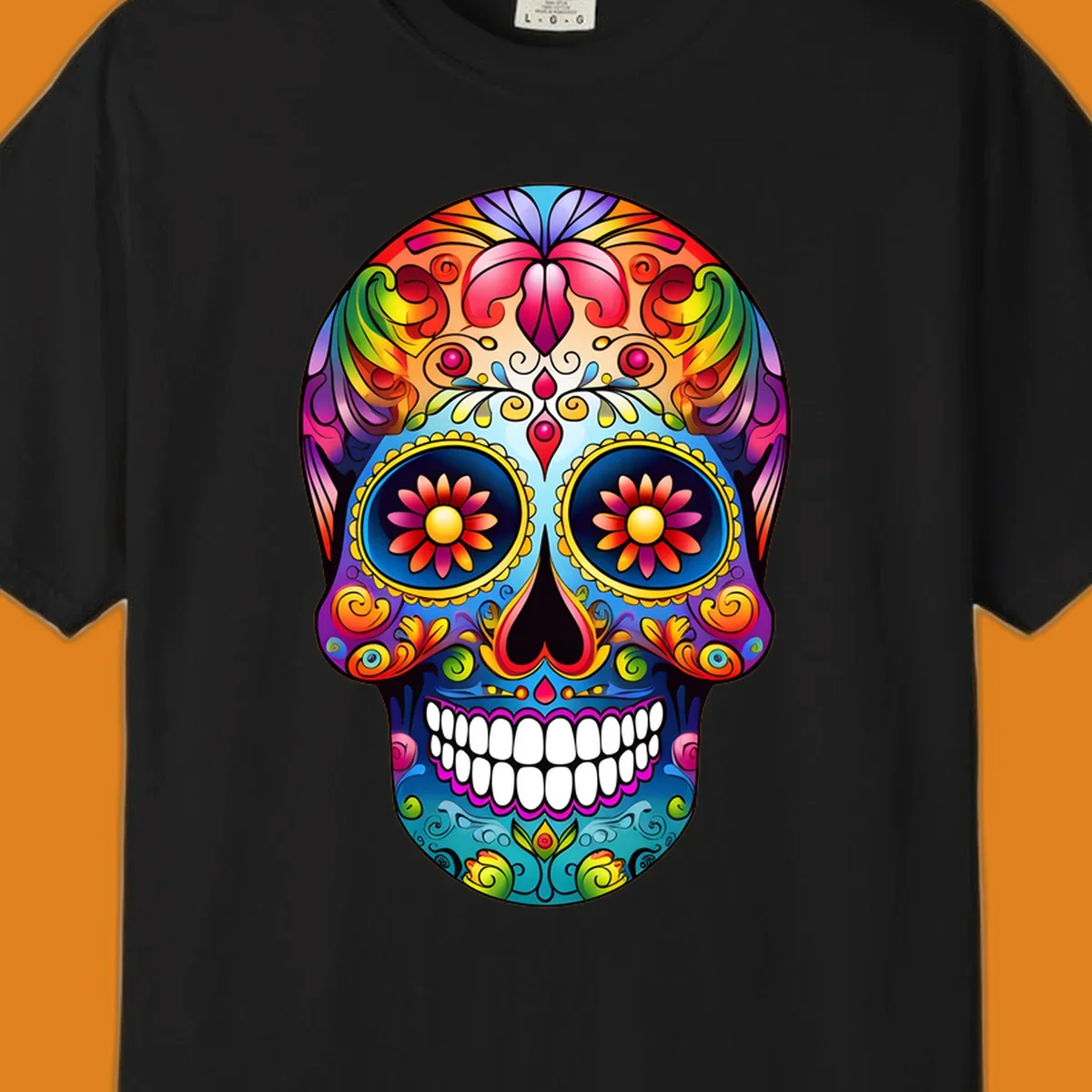 A vibrant floral sugar skull calavera illustration with a rainbow of colors, intricate swirls, and flowers in the eyes.
