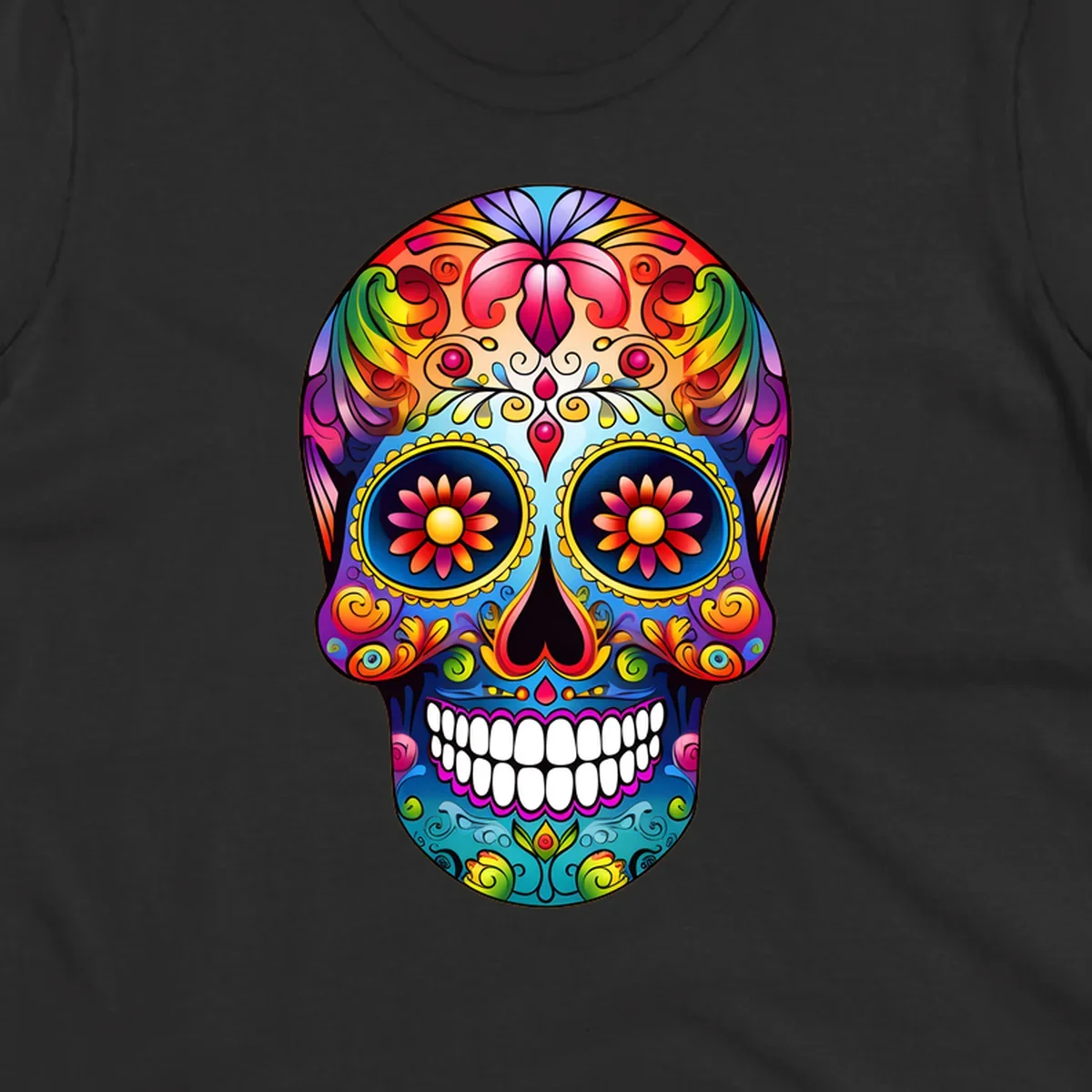 A vibrant floral sugar skull calavera illustration with a rainbow of colors, intricate swirls, and flowers in the eyes.