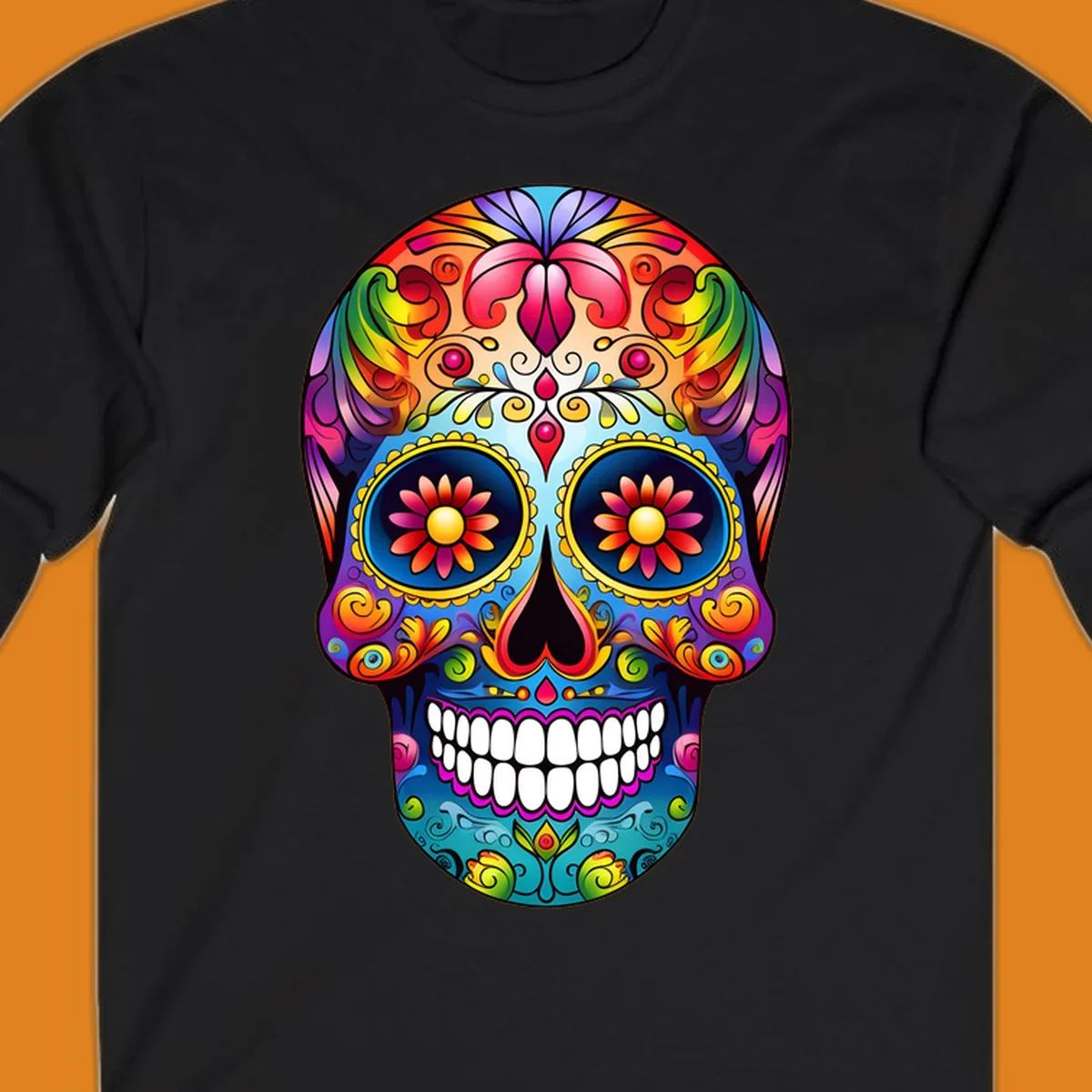 A vibrant floral sugar skull calavera illustration with a rainbow of colors, intricate swirls, and flowers in the eyes.