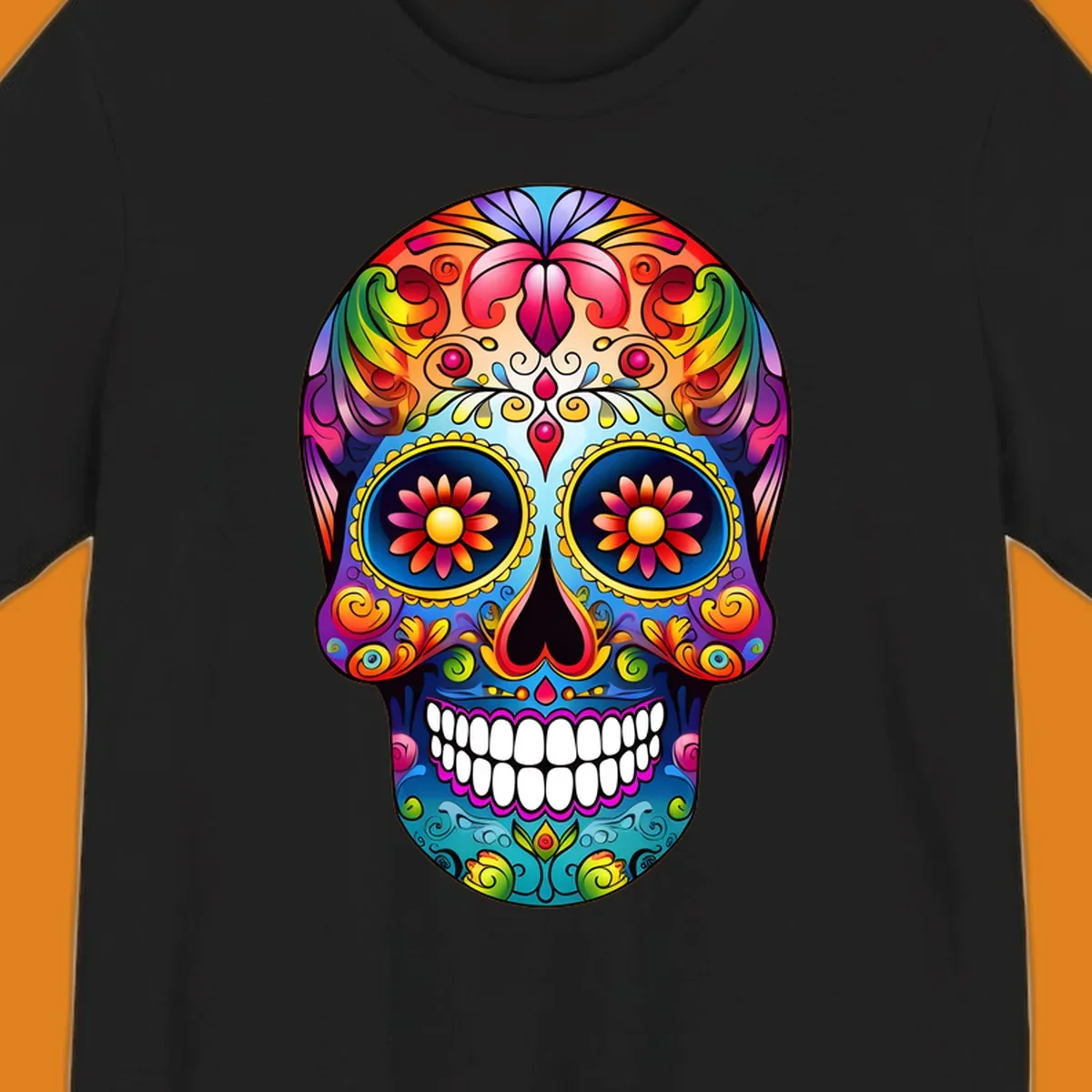 A vibrant floral sugar skull calavera illustration with a rainbow of colors, intricate swirls, and flowers in the eyes.