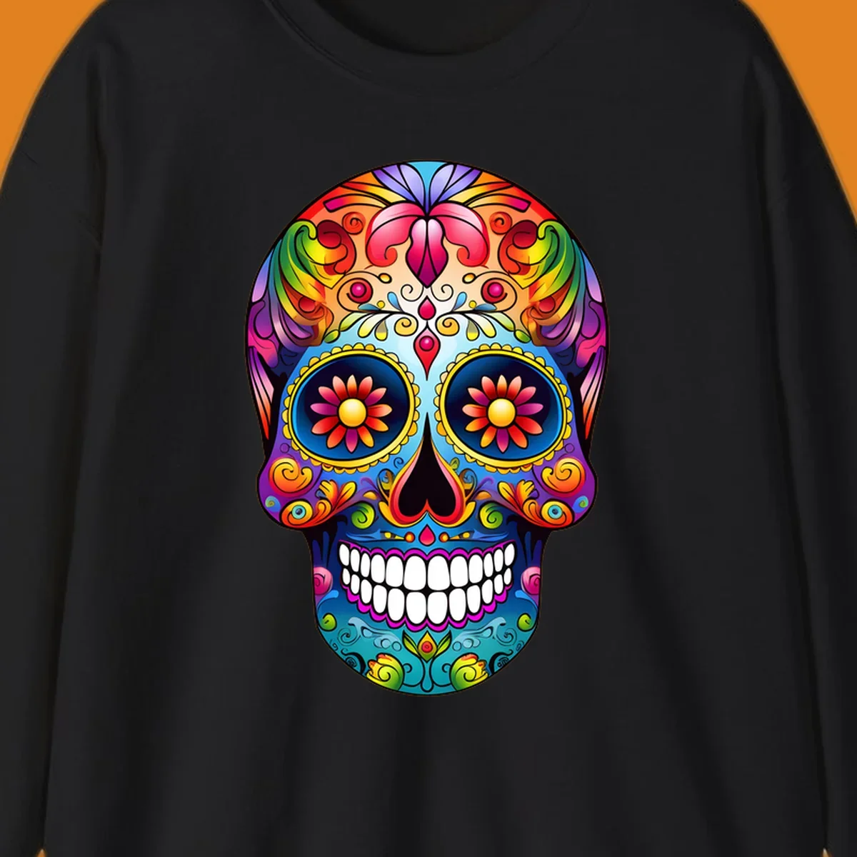 A vibrant floral sugar skull calavera illustration with a rainbow of colors, intricate swirls, and flowers in the eyes.