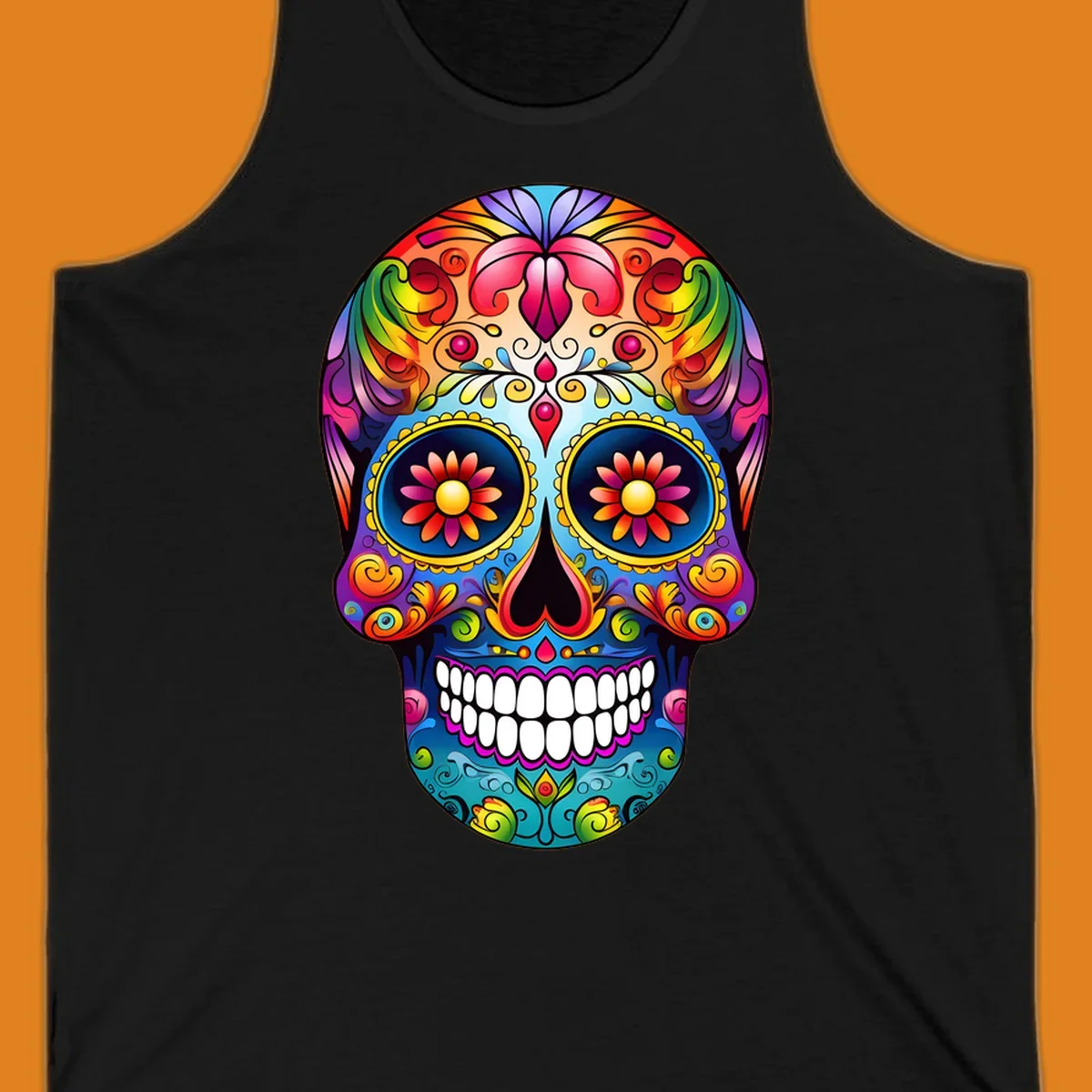 A vibrant floral sugar skull calavera illustration with a rainbow of colors, intricate swirls, and flowers in the eyes.