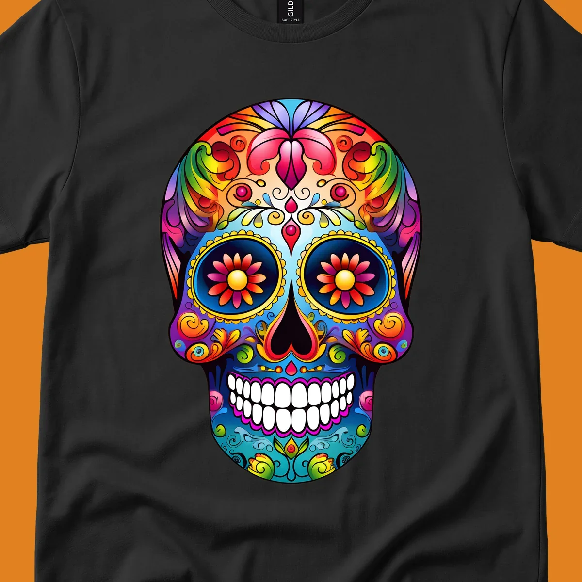 A vibrant floral sugar skull calavera illustration with a rainbow of colors, intricate swirls, and flowers in the eyes.
