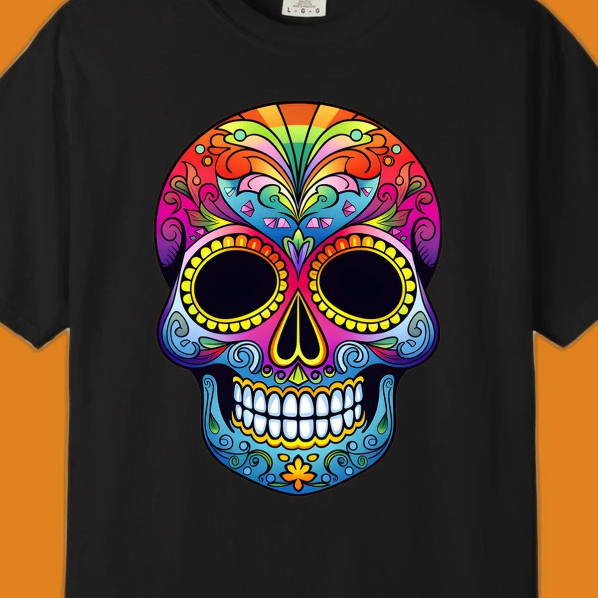Vibrant floral sugar skull illustration with rainbow top, colorful swirls, and large eye sockets.
