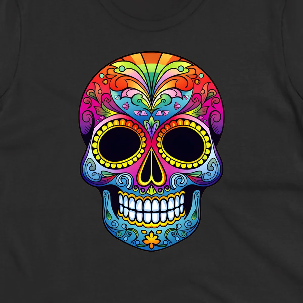 Vibrant floral sugar skull illustration with rainbow top, colorful swirls, and large eye sockets.
