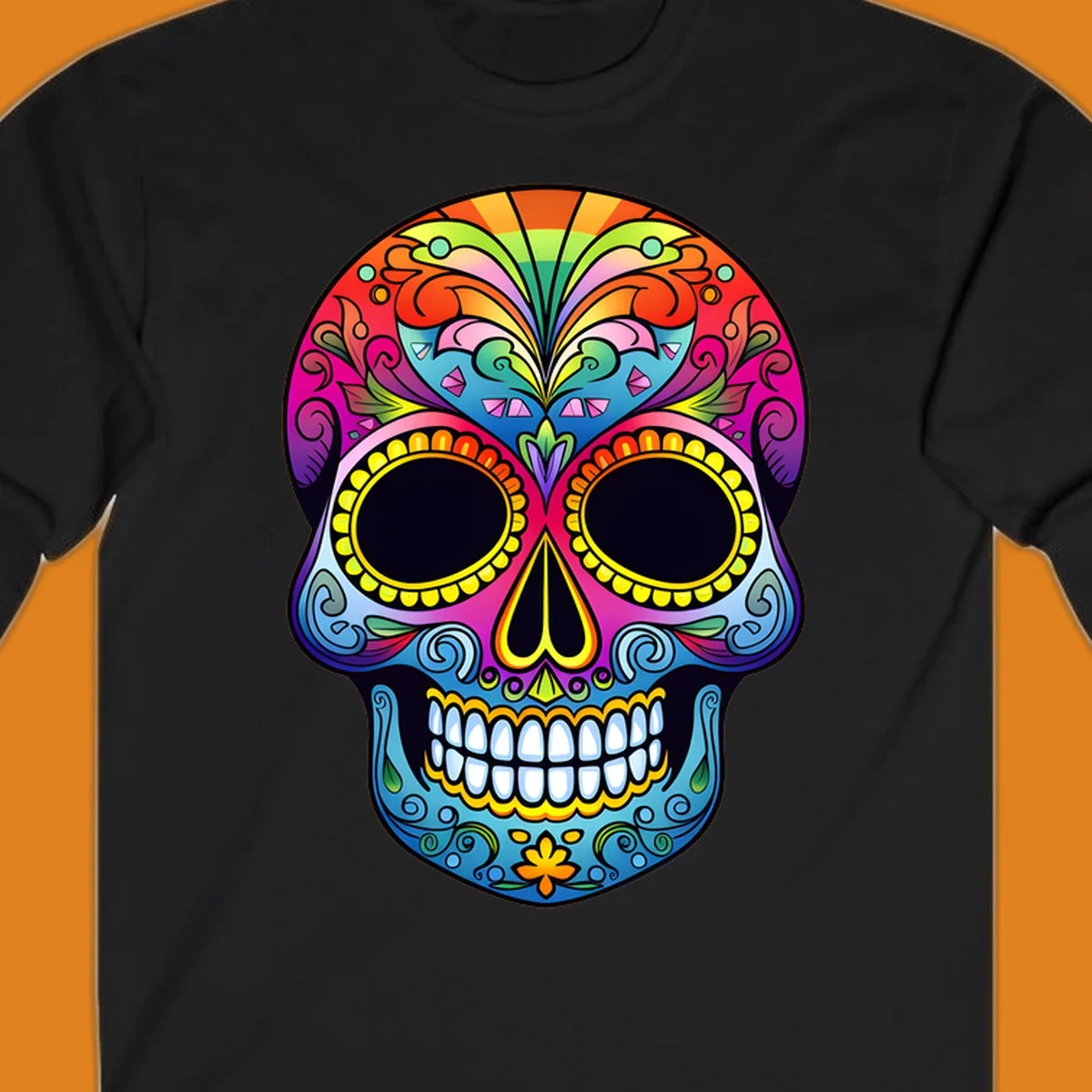 Vibrant floral sugar skull illustration with rainbow top, colorful swirls, and large eye sockets.