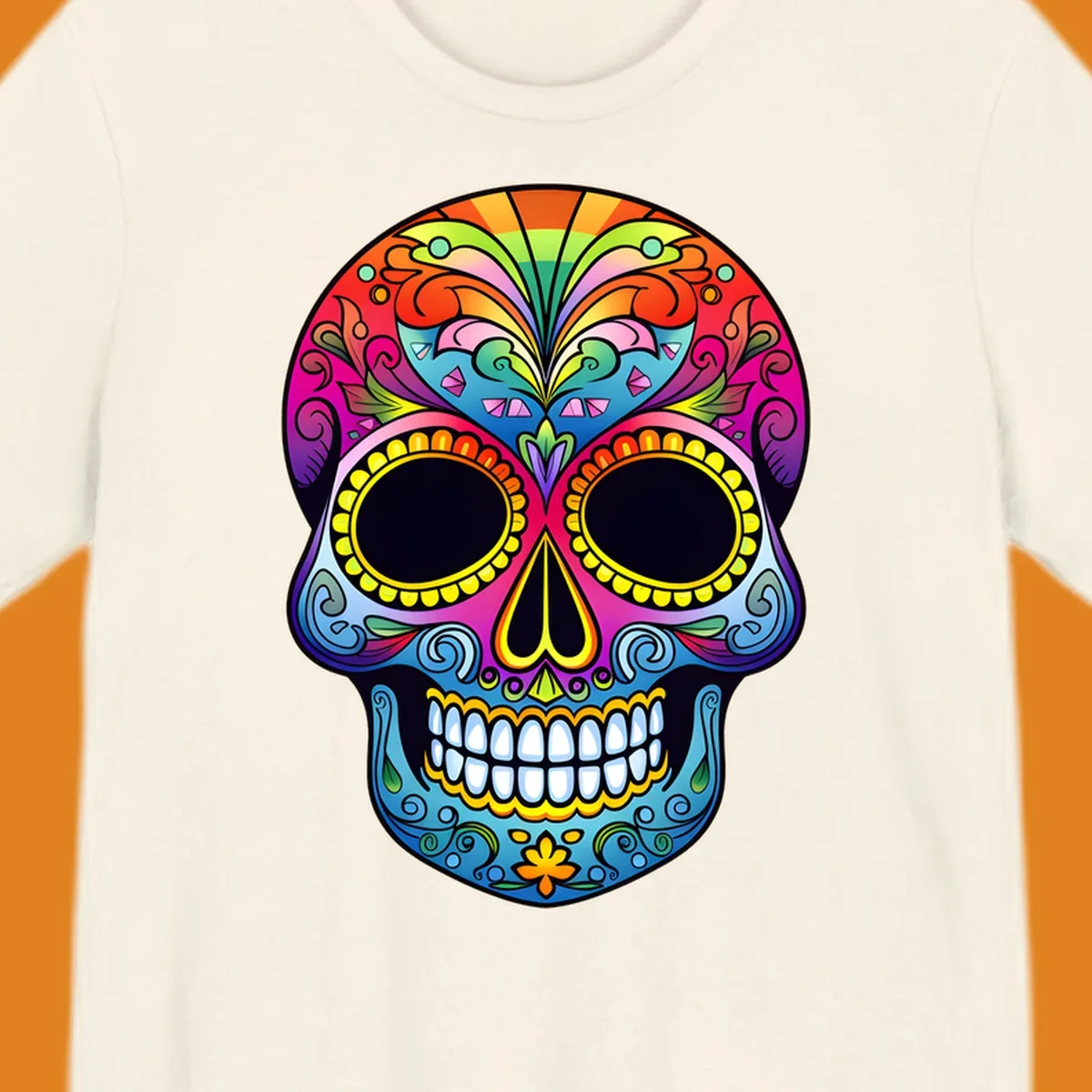 Vibrant floral sugar skull illustration with rainbow top, colorful swirls, and large eye sockets.