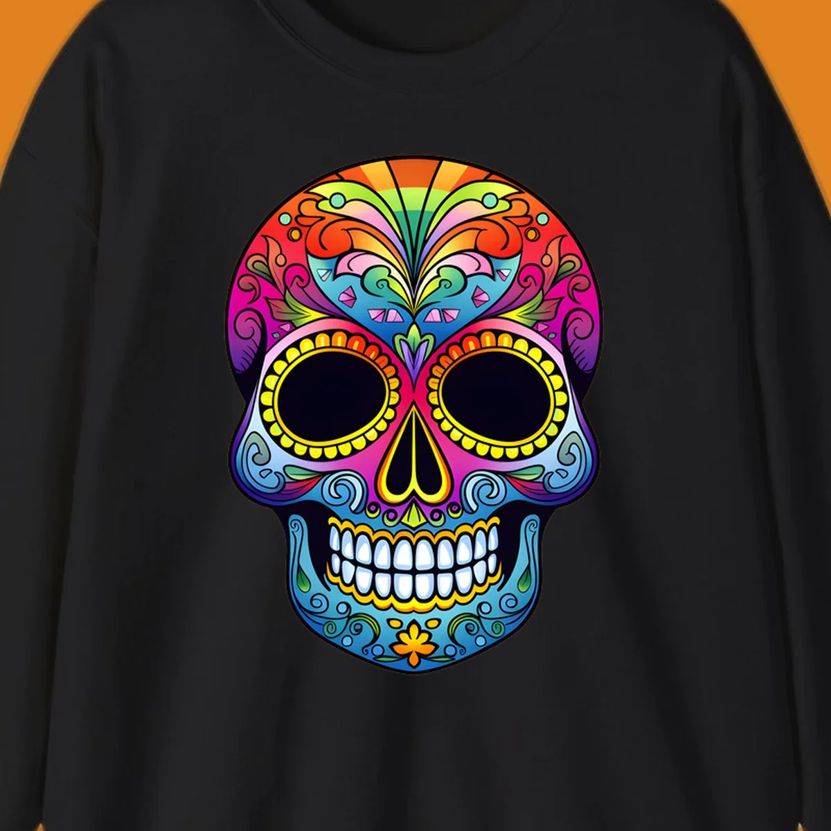 Vibrant floral sugar skull illustration with rainbow top, colorful swirls, and large eye sockets.
