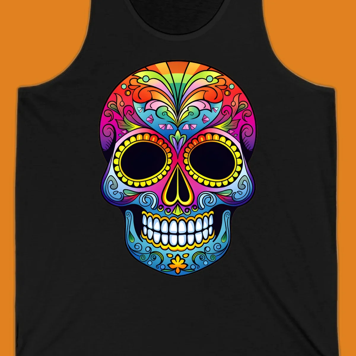 Vibrant floral sugar skull illustration with rainbow top, colorful swirls, and large eye sockets.