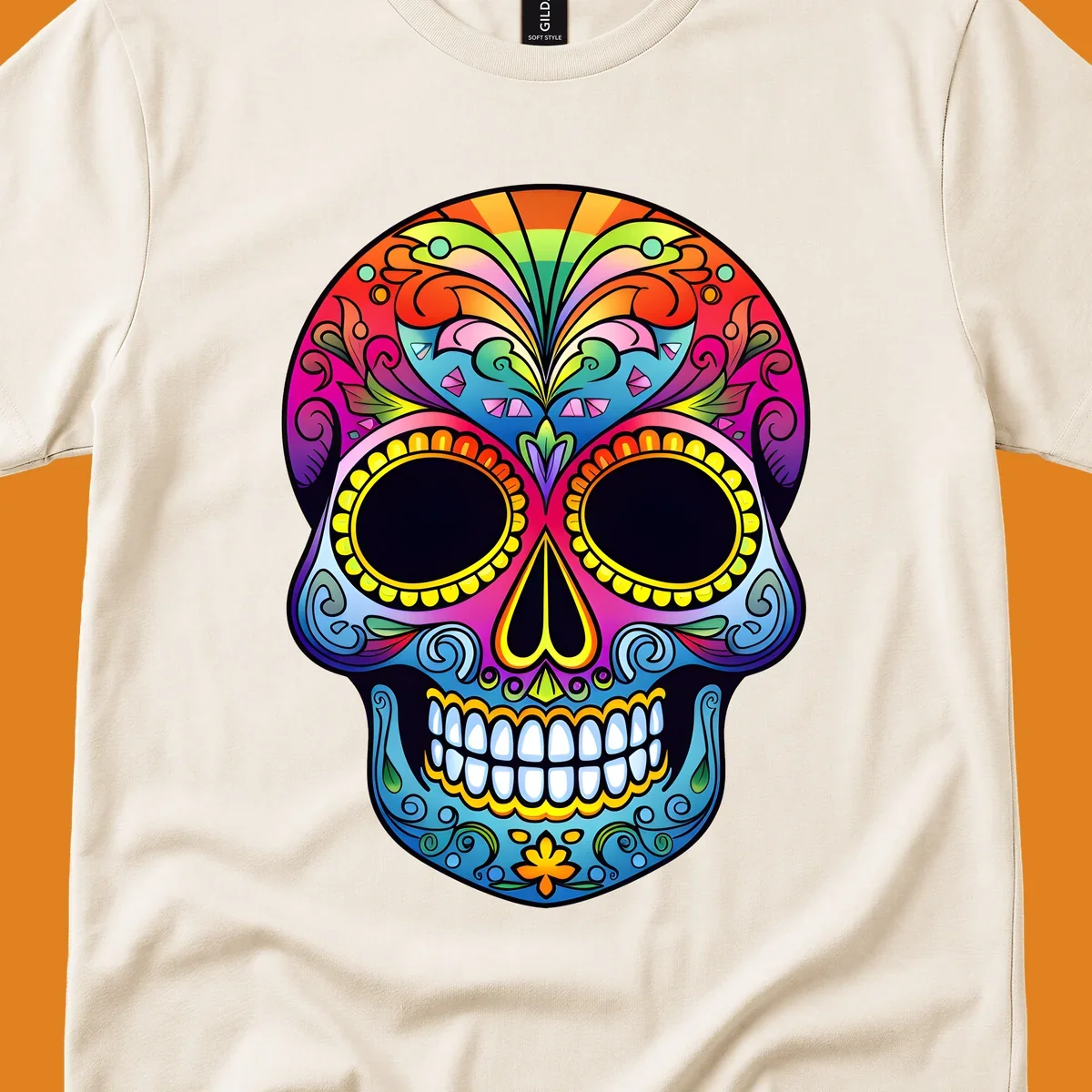 Vibrant floral sugar skull illustration with rainbow top, colorful swirls, and large eye sockets.