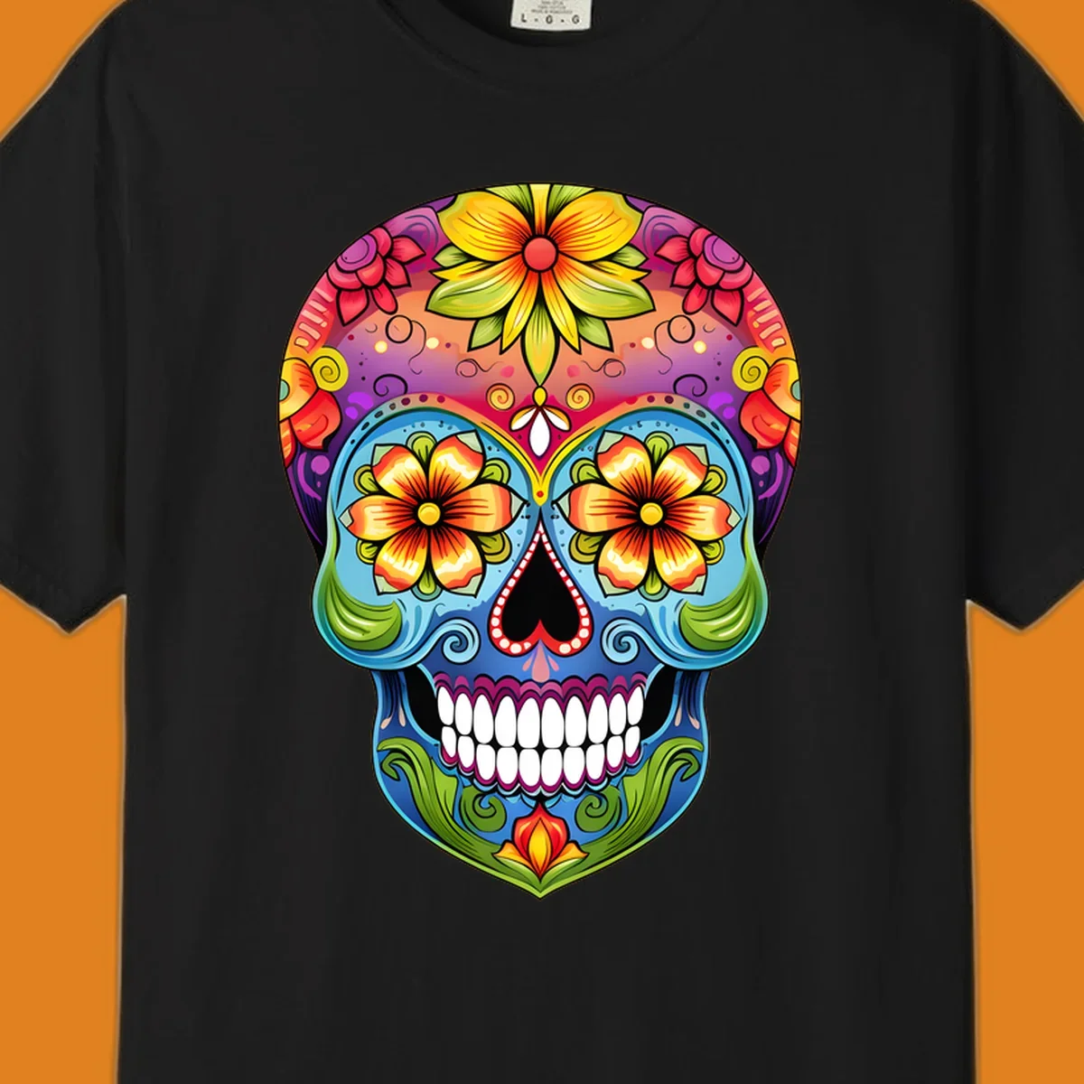 A vibrant floral sugar skull illustration with large colorful flowers, leaves, and swirls, outlined in black.