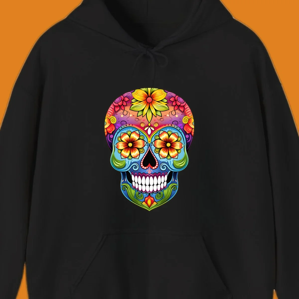 A vibrant floral sugar skull illustration with large colorful flowers, leaves, and swirls, outlined in black.