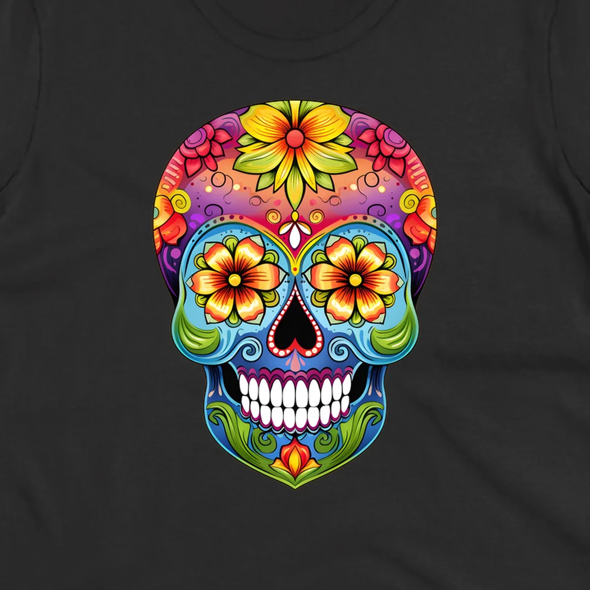 A vibrant floral sugar skull illustration with large colorful flowers, leaves, and swirls, outlined in black.