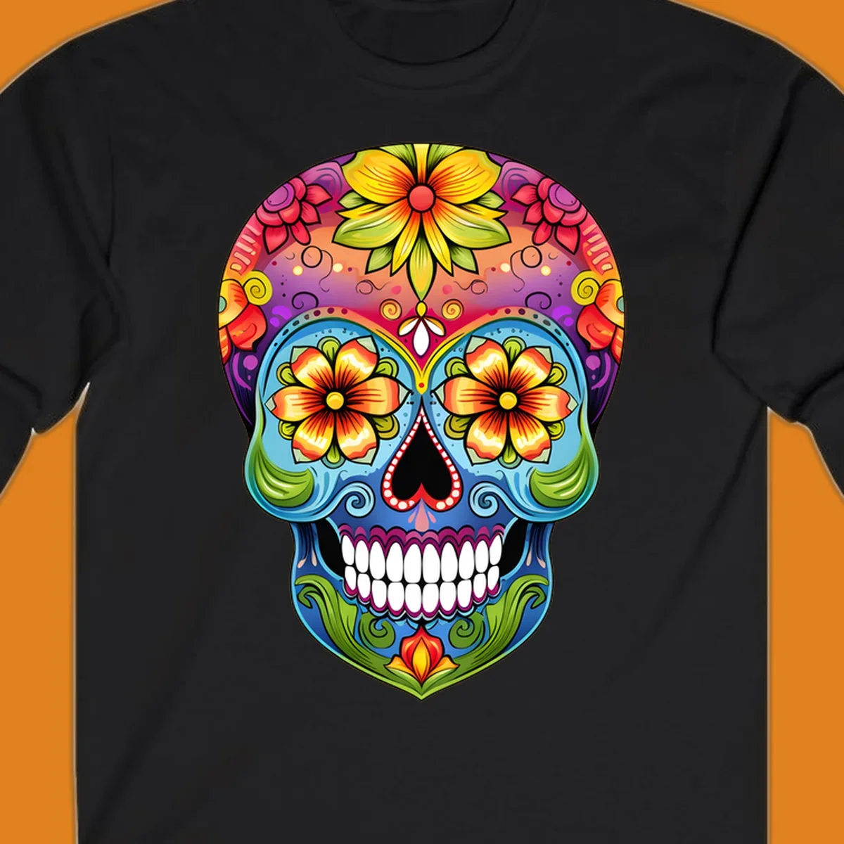 A vibrant floral sugar skull illustration with large colorful flowers, leaves, and swirls, outlined in black.