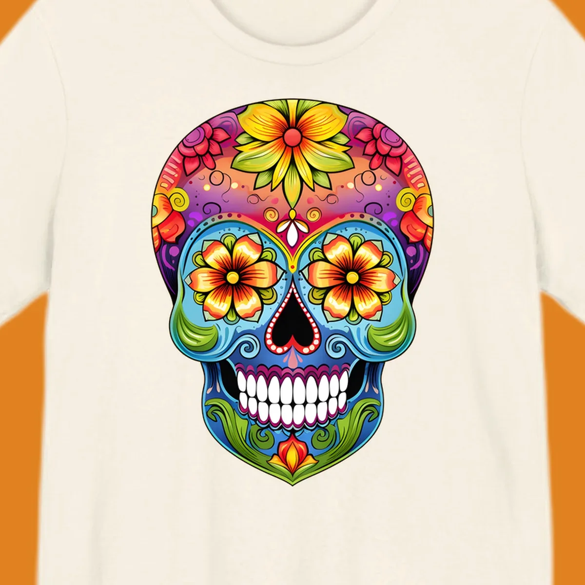 A vibrant floral sugar skull illustration with large colorful flowers, leaves, and swirls, outlined in black.