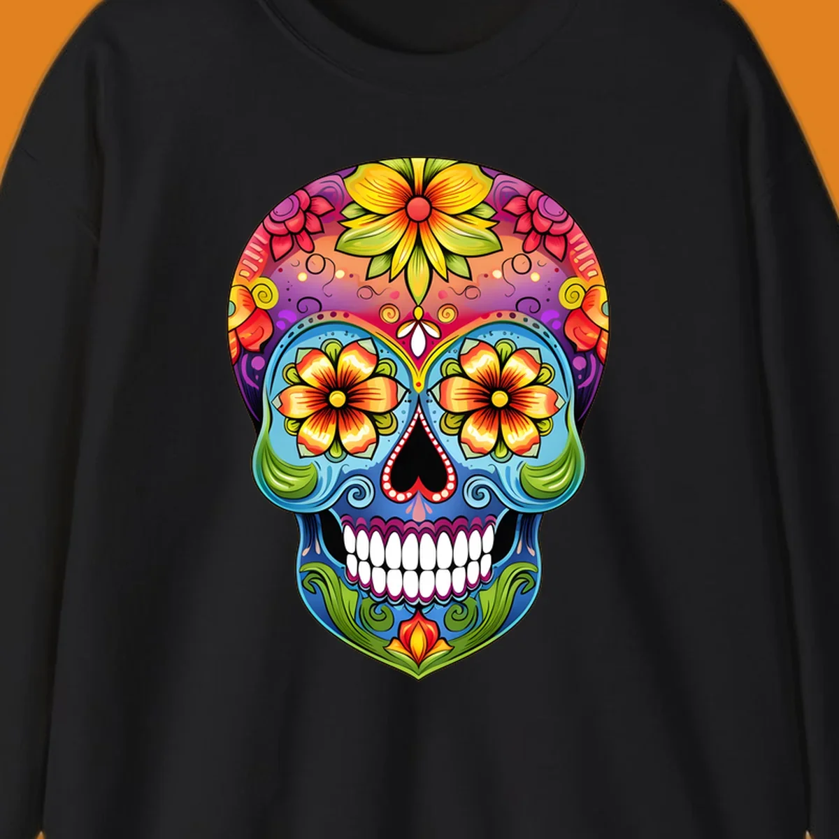 A vibrant floral sugar skull illustration with large colorful flowers, leaves, and swirls, outlined in black.