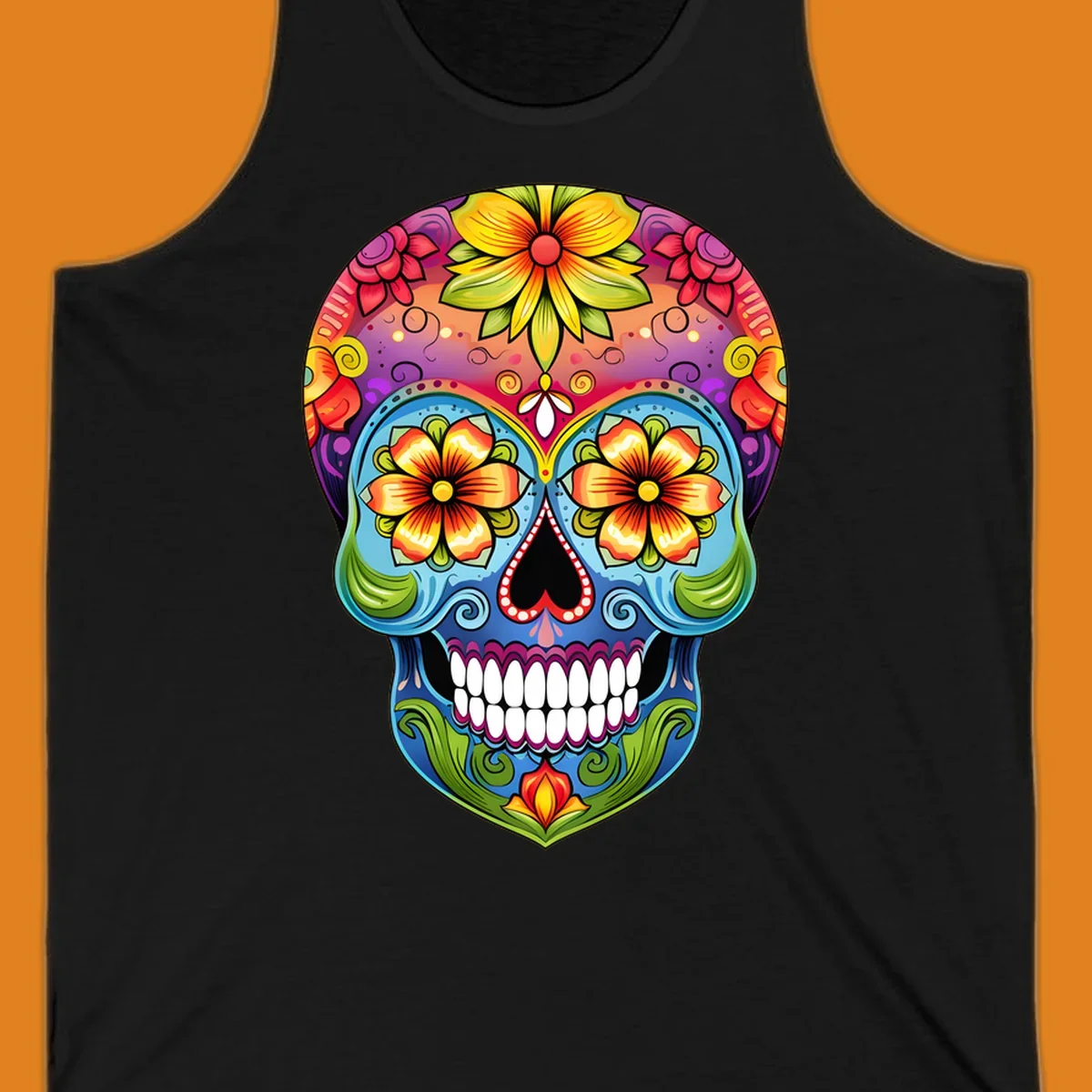A vibrant floral sugar skull illustration with large colorful flowers, leaves, and swirls, outlined in black.