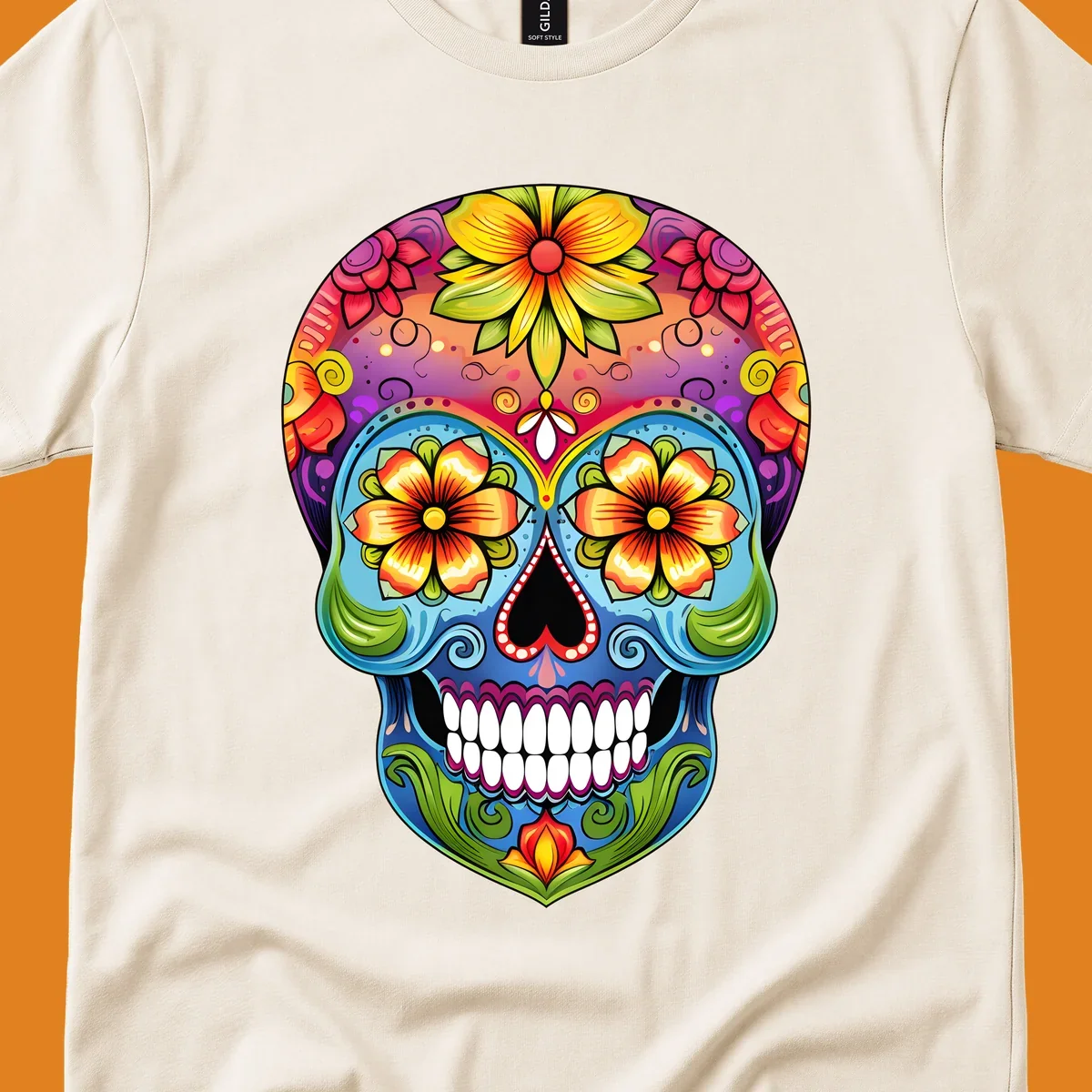 A vibrant floral sugar skull illustration with large colorful flowers, leaves, and swirls, outlined in black.