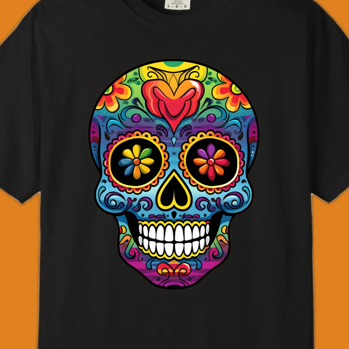 A vibrant floral sugar skull illustration, or calavera, adorned with intricate flowers, hearts, and swirling patterns in a rainbow of bright colors.