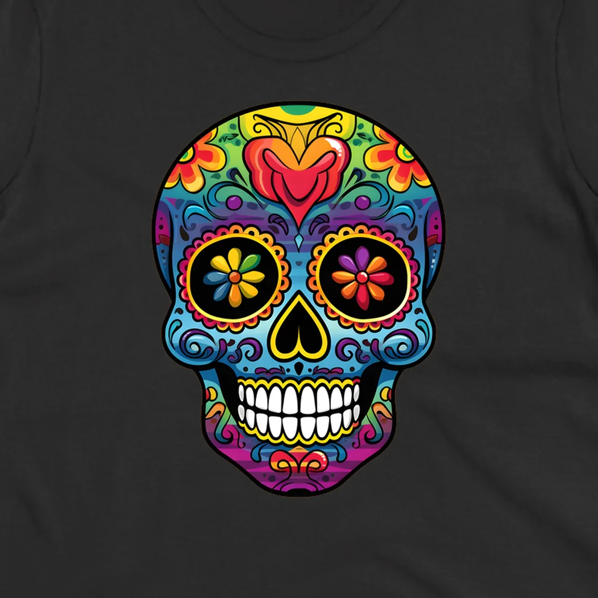 A vibrant floral sugar skull illustration, or calavera, adorned with intricate flowers, hearts, and swirling patterns in a rainbow of bright colors.