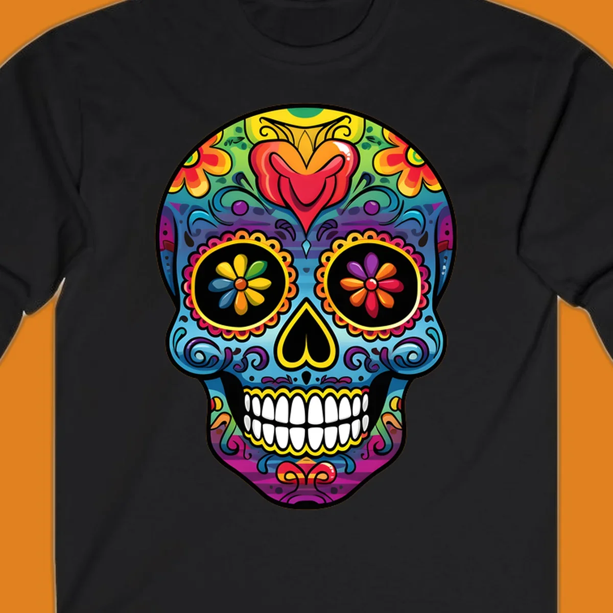 A vibrant floral sugar skull illustration, or calavera, adorned with intricate flowers, hearts, and swirling patterns in a rainbow of bright colors.