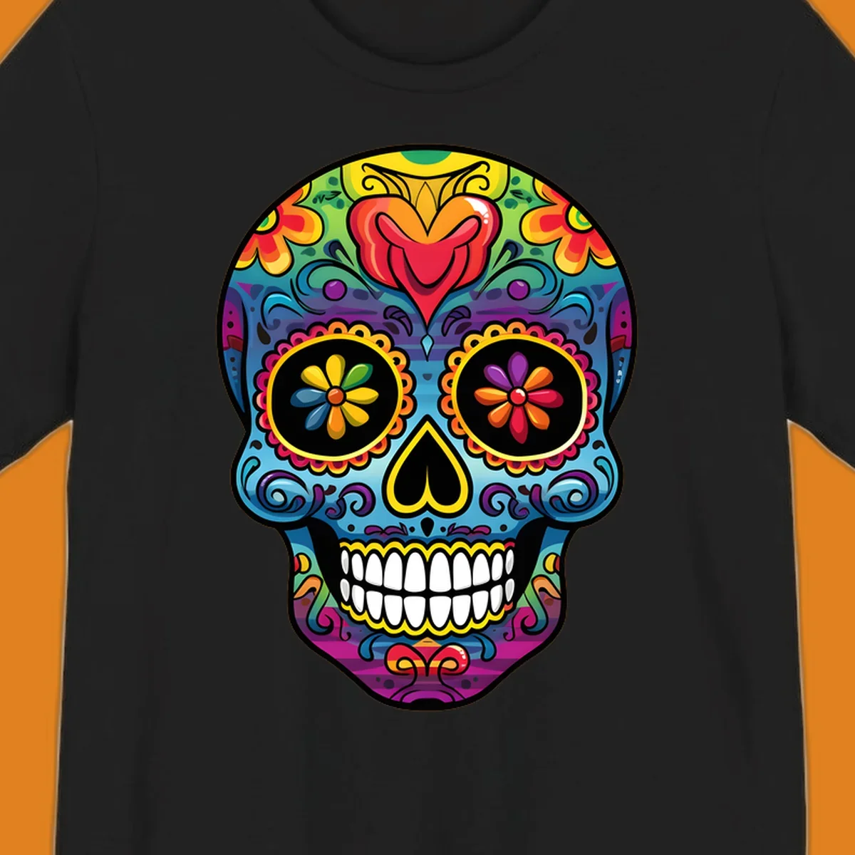 A vibrant floral sugar skull illustration, or calavera, adorned with intricate flowers, hearts, and swirling patterns in a rainbow of bright colors.